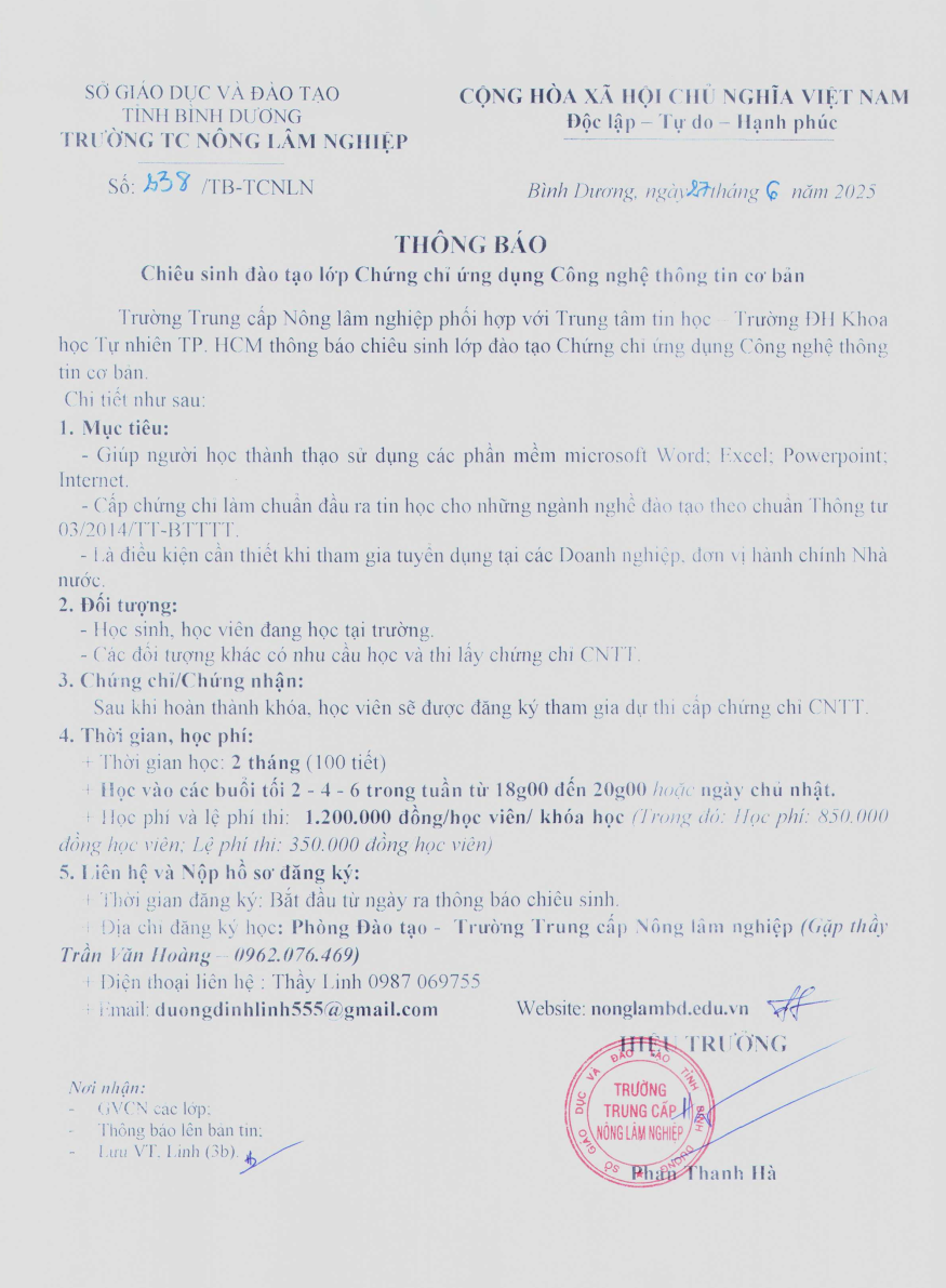 Thông báo chiêu sinh lớp Chứng chỉ ứng dụng Công nghệ thông tin cơ bản